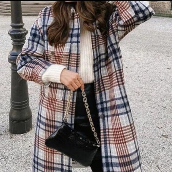 ZARA Long Plaid Jacket Overshirt Coat Bloggers - Picture 10 of 13